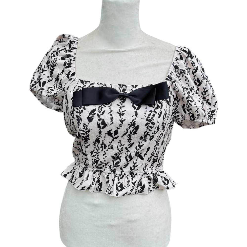 SHEIN Coquette Feminine Dainty Cottage Floral White Black Bow Blouse Top M